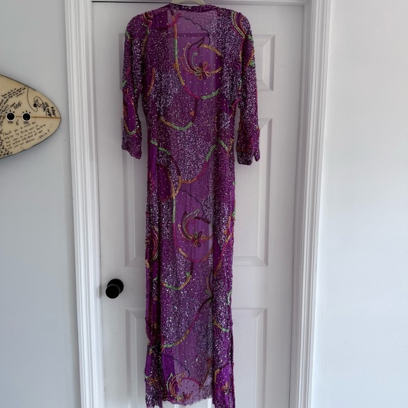VINTAGE Hand Beaded Sequin Duster Coat Purple Sheer Maxi Evening Glam S/M - Picture 4 of 13